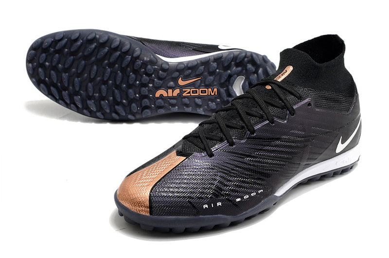 CHUTEIRA NIKE MERCURIAL AIR ZOOM SUPERFLY 9 ELITE SOCIETY "2001" - PRETA E COBRE