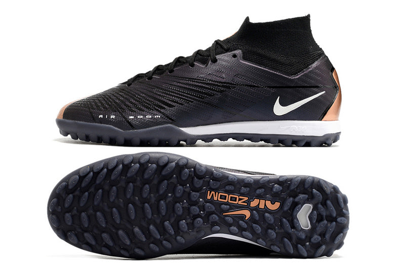 CHUTEIRA NIKE MERCURIAL AIR ZOOM SUPERFLY 9 ELITE SOCIETY "2001" - PRETA E COBRE