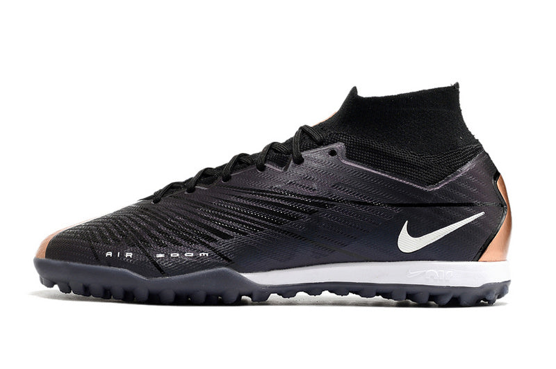 CHUTEIRA NIKE MERCURIAL AIR ZOOM SUPERFLY 9 ELITE SOCIETY "2001" - PRETA E COBRE