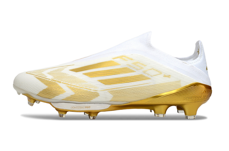 CHUTEIRA ADIDAS F50 LACELESS LIGHTSTRIKE PRO ELITE CAMPO - BRANCA E DOURADA