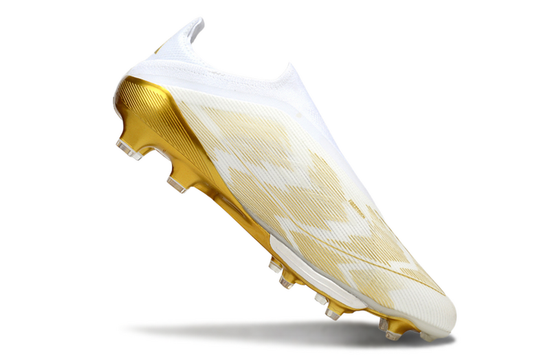 CHUTEIRA ADIDAS F50 LACELESS LIGHTSTRIKE PRO ELITE CAMPO - BRANCA E DOURADA