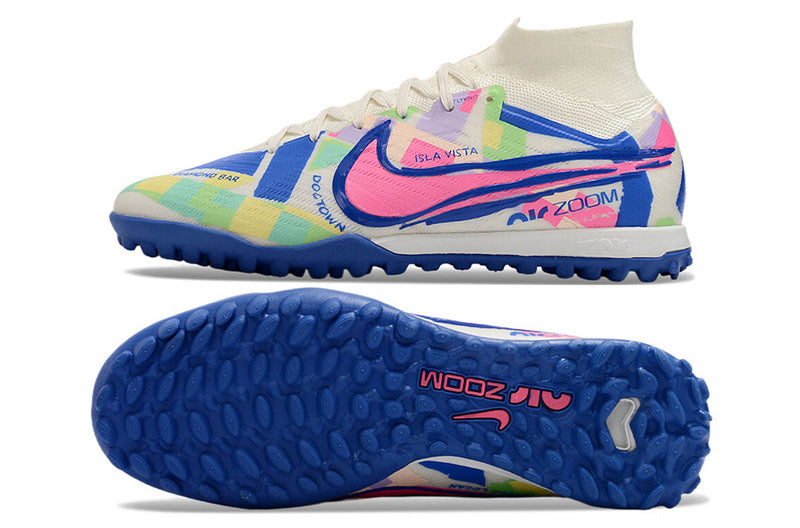 CHUTEIRA NIKE MERCURIAL AIR ZOOM SUPERFLY 9 ELITE SOCIETY "SOCAL" - BRANCA, AZUL E ROSA
