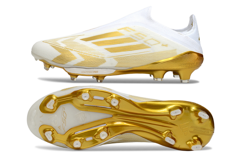 CHUTEIRA ADIDAS F50 LACELESS LIGHTSTRIKE PRO ELITE CAMPO - BRANCA E DOURADA