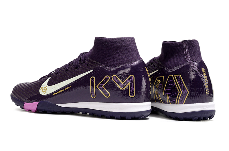 CHUTEIRA NIKE MERCURIAL AIR ZOOM SUPERFLY 10 ELITE SOCIETY "KYLIAN MBAPPÉ" ROXA E AMARELA