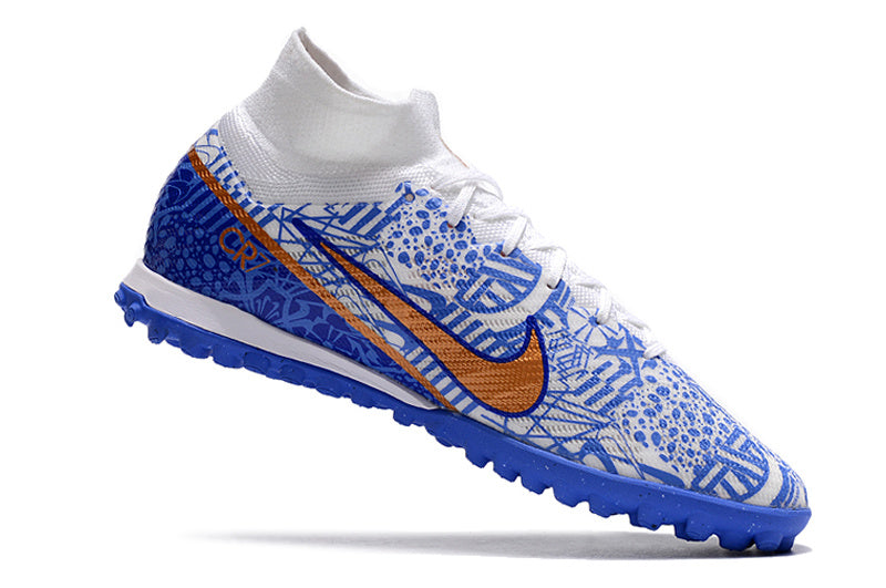 CHUTEIRA NIKE MERCURIAL AIR ZOOM SUPERFLY 9 ELITE SOCIETY "CR7" - AZUL E BRANCA