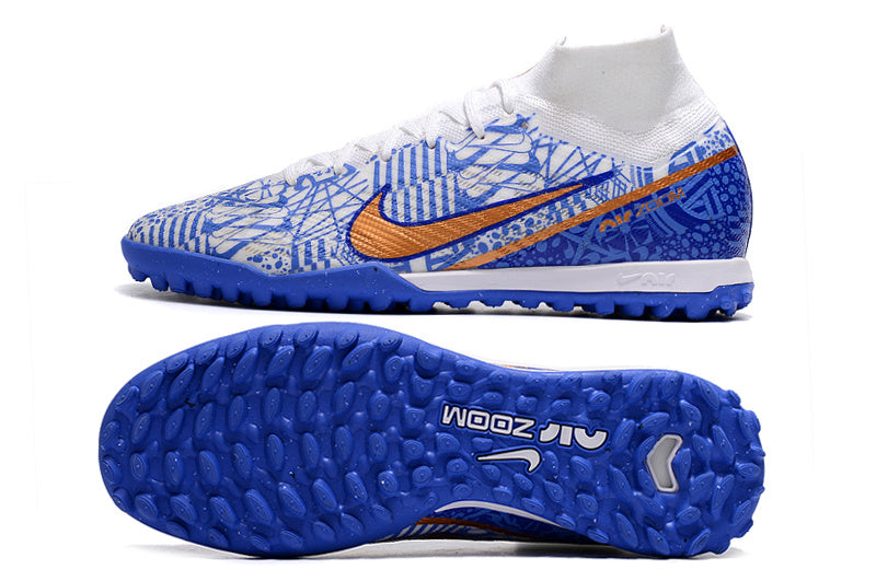 CHUTEIRA NIKE MERCURIAL AIR ZOOM SUPERFLY 9 ELITE SOCIETY "CR7" - AZUL E BRANCA