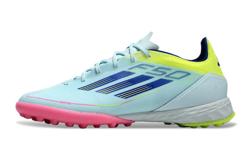 CHUTEIRA ADIDAS F50 SOCIETY "OLYMPIC BOOT" - AZUL, VERDE E ROSA