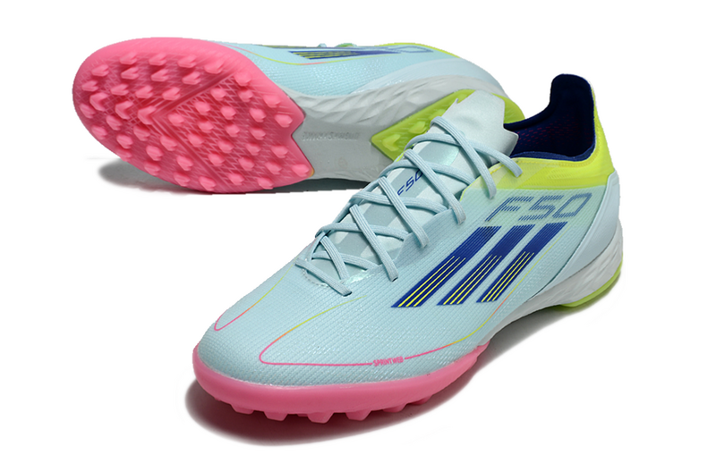 CHUTEIRA ADIDAS F50 SOCIETY "OLYMPIC BOOT" - AZUL, VERDE E ROSA