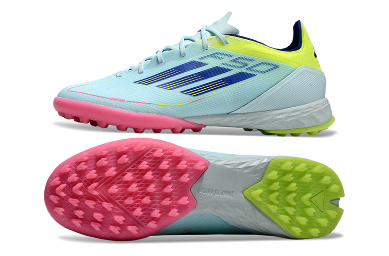 CHUTEIRA ADIDAS F50 SOCIETY "OLYMPIC BOOT" - AZUL, VERDE E ROSA