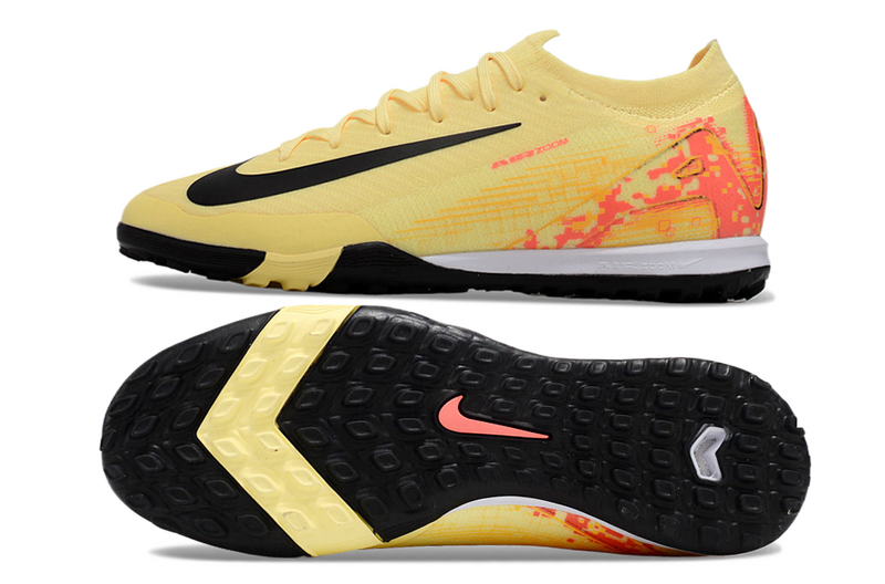 CHUTEIRA NIKE MERCURIAL AIR ZOOM VAPOR 16 ELITE SOCIETY "KYLIAN MBAPPÉ" - AMARELA, PRETA  E LARANJA
